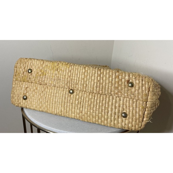 VTG Boho Mid-century Natural Straw Raffia Bag Tote Bamboo Accent Summer Beach - Picture 15 of 16